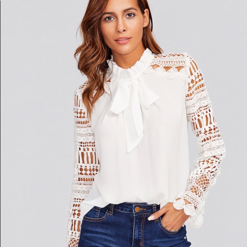 White, Tie Neck Lace Sleeve Peasant Top